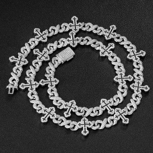 Iced Out Cross Cuban Link Chain Necklace & Bracelet, Zircon Hip Hop Jewelry