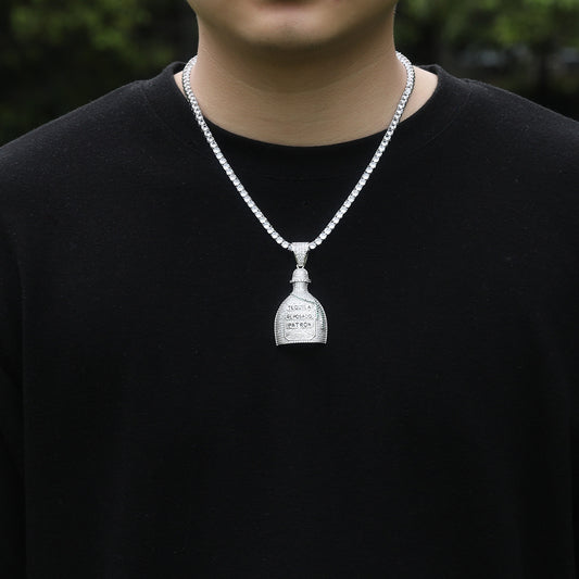 Unisex Iced Bottle Pendant Necklace with Cubic Zirconia Twisted Chain, Gold Plated or Silver Plated Statement Jewelry