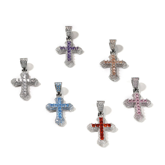 Iced Cross Pendant Necklace with Zircon Stone on Stainless Steel Twist Chain - Unisex Hip Hop Statement Jewelry