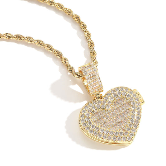 Square Round Photo Frame Cubic Zirconia Pendant Necklace for Men and Women