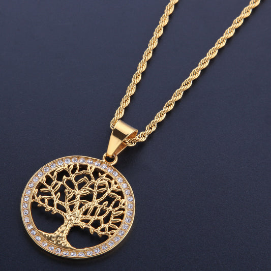 Gold Plated Stainless Steel Tree of Life Pendant Necklace with Crystal Accents Unisex Statement Chain