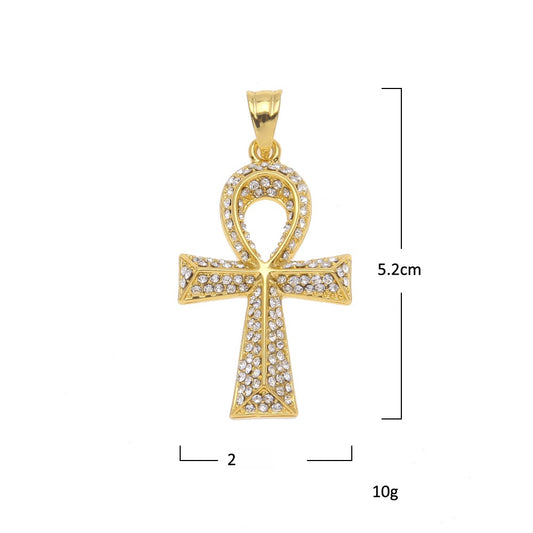 Gold Plated Iced Ankh Cross Pendant Necklace for Women & Men - Hip Hop Statement Chain with Cubic Zirconia