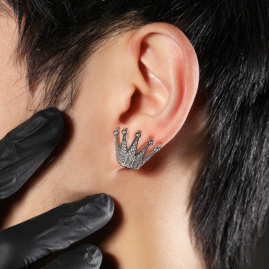 Men’s Crown Stud Earrings with Cubic Zirconia in Gold or Silver Tone Hip Hop Statement Jewelry