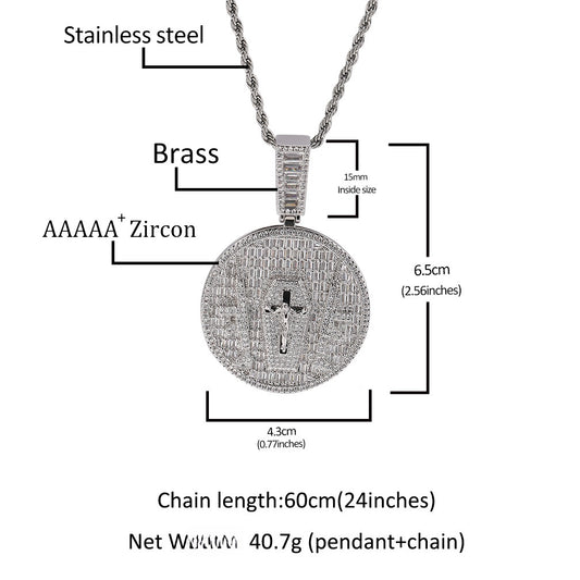 Iced Round Pendant Necklace with 24 Inch Twist Chain for Women and Men, Gold Plated or Silver Plated Statement Hip Hop Chain
