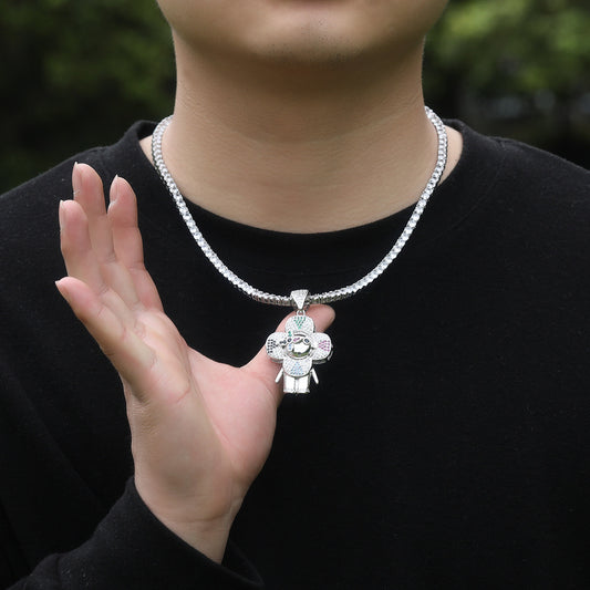 Hip Hop Flower Character Pendant Necklace with Cubic Zirconia Rope Chain for Women