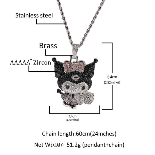 Iced Cartoon Character Pendant Necklace with 24 Inch Twist Chain for Women & Teen Girls