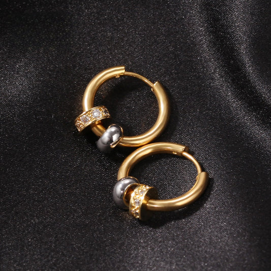 Gold Plated Stainless Steel Round Hoop Earrings with Crystal Accent for Women and Men