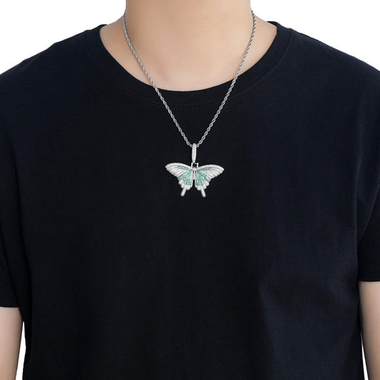 Hip Hop Light Luxury Butterfly Cubic Zirconia Pendant Necklace for Men and Women