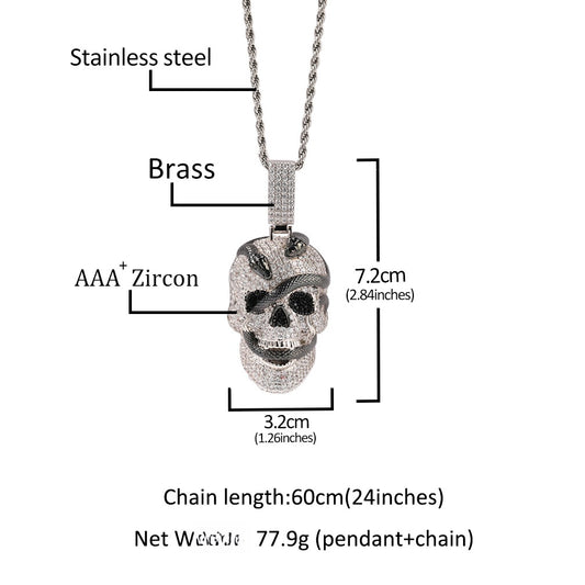Skull Pendant Necklace with Snake Detail and Cubic Zirconia, Silver Tone Statement Chain Necklace for Women