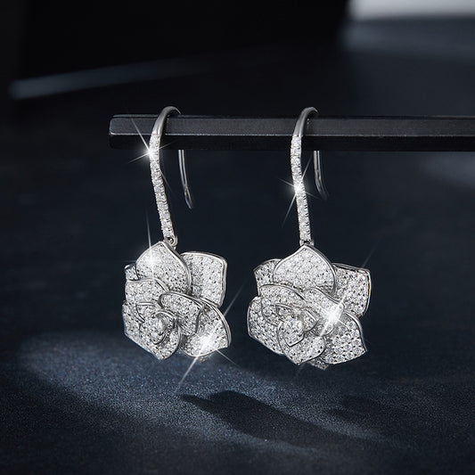 Floral Crystal Drop Earrings, Sparkling Camellia Flower Dangle Earrings for Women alternate product image