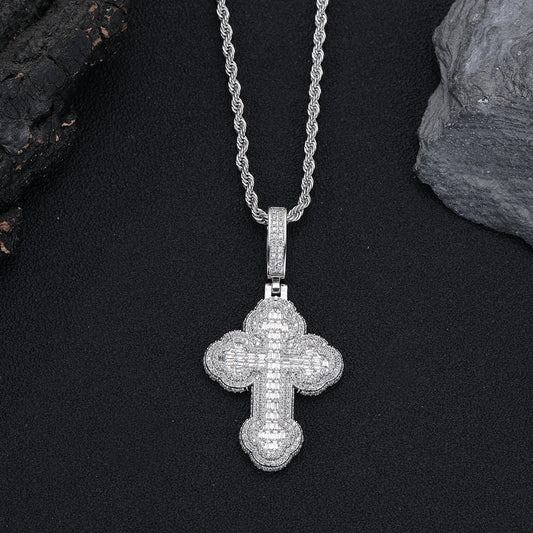 Cross Pendant Necklace with Zircon, 3mm Twisted Rope Chain, 24 Inch, Gold Tone / White Gold Tone