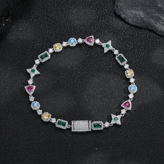 Colorful Zircon Geometric Link Chain Necklace, Unisex Hip Hop Style, Copper