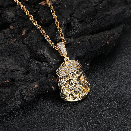 Men's Retro Portrait Pendant Necklace, Rope Chain, Hip Hop CZ Statement Chain