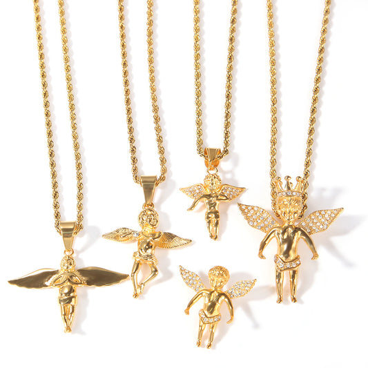Iced Angel Pendant Necklace for Women & Men – Stainless Steel Gold Tone Chain Necklace with Crown Angel Charm