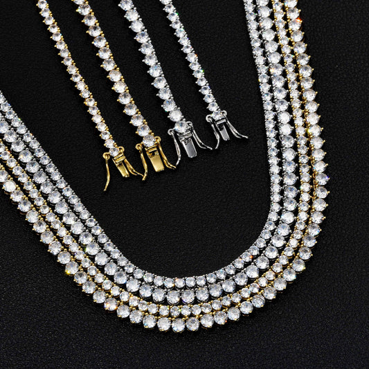 Unisex 3-Prong Tennis Chain Necklace & Bracelet, Iced Zirconia Geometric Chain Jewelry, 3mm/4mm