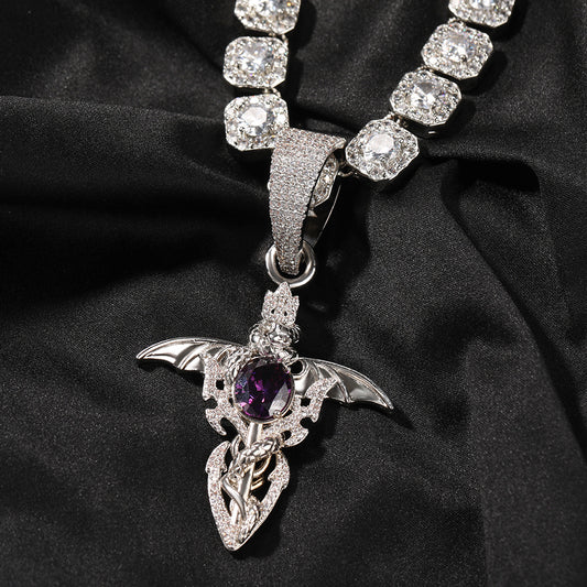 Men’s Iced Wing Pendant Necklace with Cubic Zirconia Twisted Chain, Silver or Gold Tone Statement Jewelry
