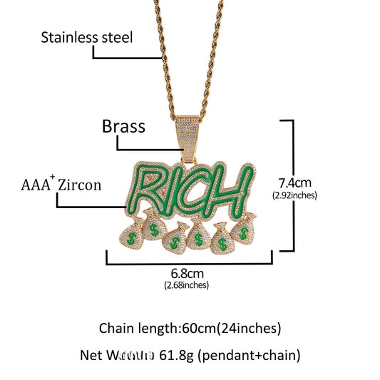 Iced Rich Letter Pendant Necklace for Women - Gold Plated or Silver Plated 24 Inch Twisted Chain Statement Charm Necklace