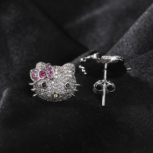 Cute Cartoon Cat Cubic Zirconia Stud Earrings for Women in Gold or Silver Tone