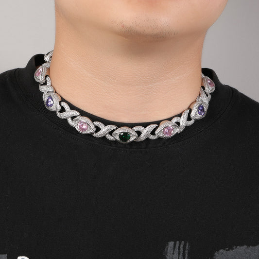 Iced Eye Cuban Link Chain Necklace Bracelet for Men in Silver Tone with Cubic Zirconia Pendant Detail
