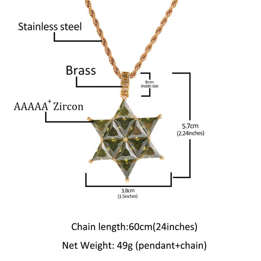 Emerald Green Star Pendant Necklace for Women with Cubic Zirconia Twist Chain, Gold Plated or Silver Plated Statement Necklace