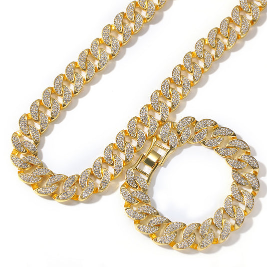 Iced Out Gold Tone Cuban Link Necklace & Bracelet Set for Women and Men