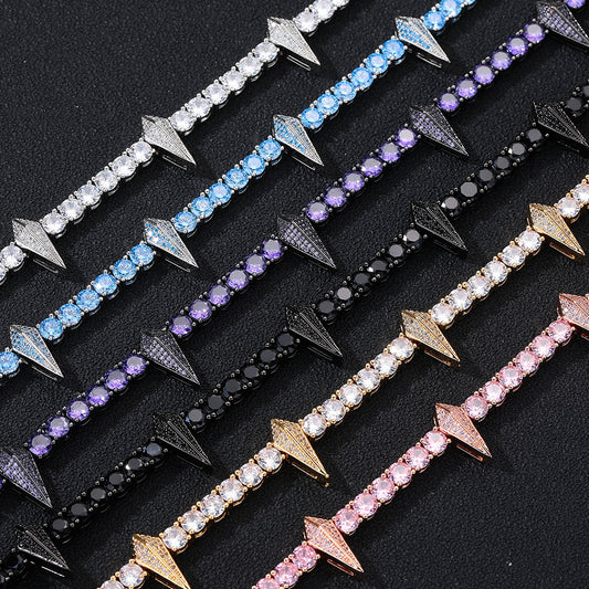 Purple Cubic Zirconia Spike Tennis Chain Bracelet and Necklace Set, Unisex Hip Hop Jewelry
