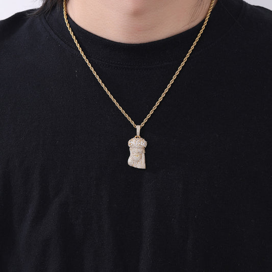 Men’s Hip Hop Cartoon Head Pendant Necklace, Copper Zircon Rope Chain, 24 Inch