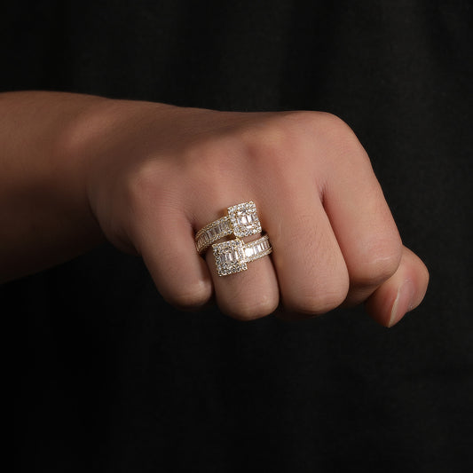 Unisex Square Halo Cubic Zirconia Ring in Gold or Silver Tone, Hip Hop Statement Band