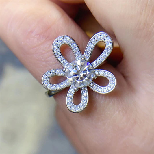 Moissanite Flower Ring for Women, 1 Carat Floral Engagement Ring, Promise Wedding Ring