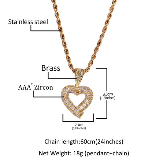 Iced Heart Pendant Necklace with Zircon Stones, 24 Inch 3mm Rope Chain, Hip Hop Copper Necklace for Women & Men