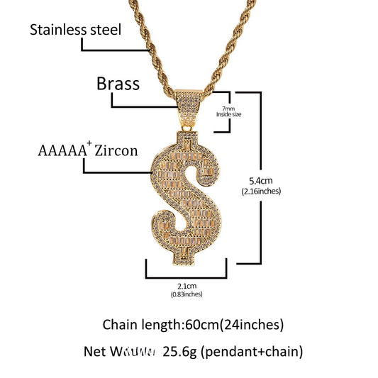 Iced Dollar Sign Pendant Necklace for Men and Women – Gold or Silver Color Cuban Twist Chain with Cubic Zirconia Statement Charm