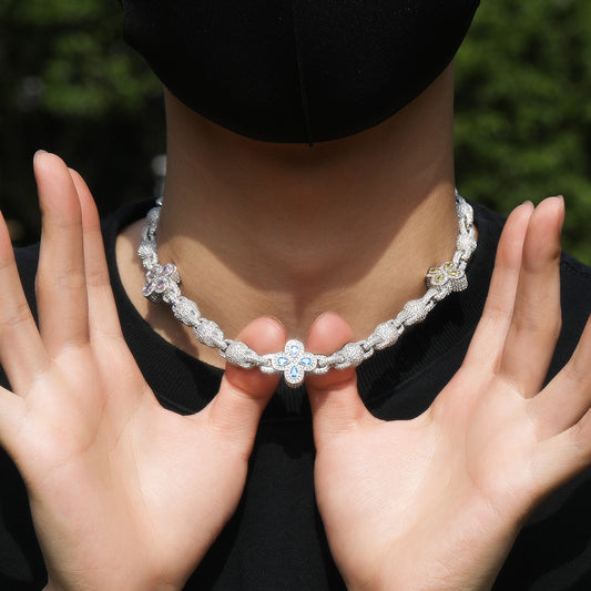 Iced Four-Leaf Clover Cubic Zirconia Chain Necklace Bracelet Set for Women & Men, Gold Plated and Silver Plated Statement Jewelry