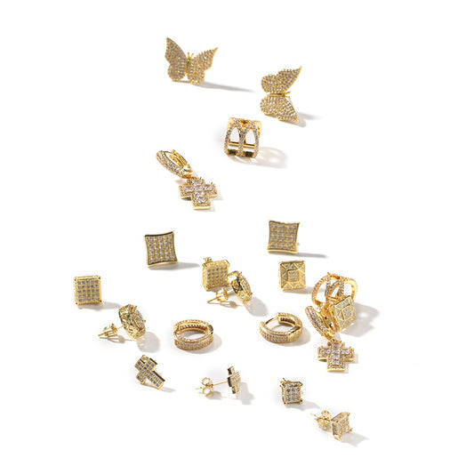 2026 Hip Hop Cubic Zirconia Stud Earrings & Ear Cuffs Set for Women and Men – Square, Cross, Star, Butterfly, Round Hoop Styles in Gold and Silver Tone