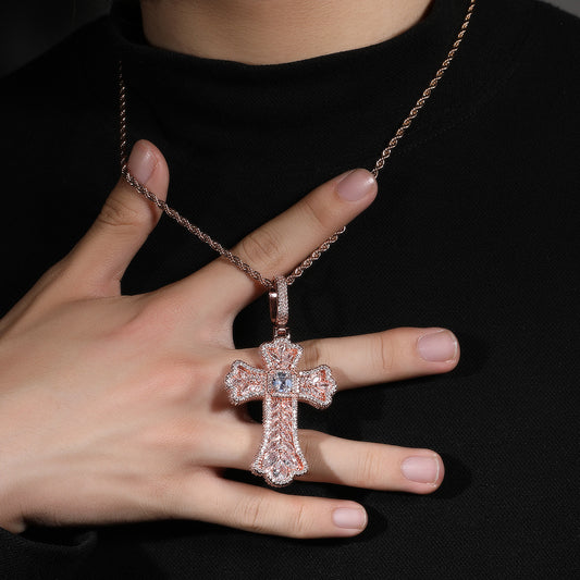 Iced Out Cross Pendant Necklace for Women and Men – Cubic Zirconia Twisted Chain in Gold, Silver & Rose Gold