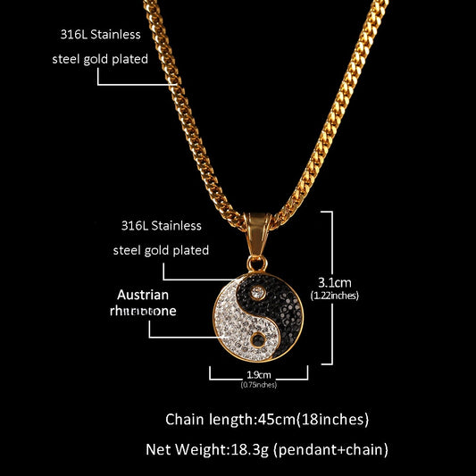 Gold Plated Stainless Steel Yin Yang Pendant Necklace with Crystal Round Charm Chain for Women and Men