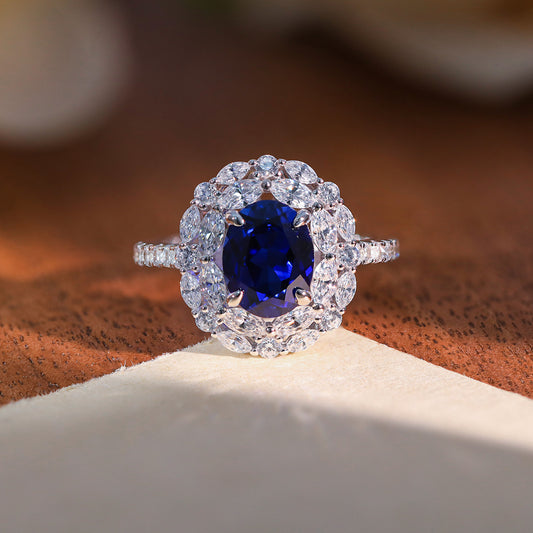 925 Silver Royal Blue Oval Halo Necklace Set with Stud Earrings and Ring alternate product image