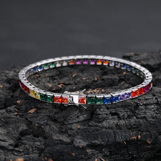 Multicolor Square Zirconia Tennis Chain Bracelet, Unisex Hip Hop Style