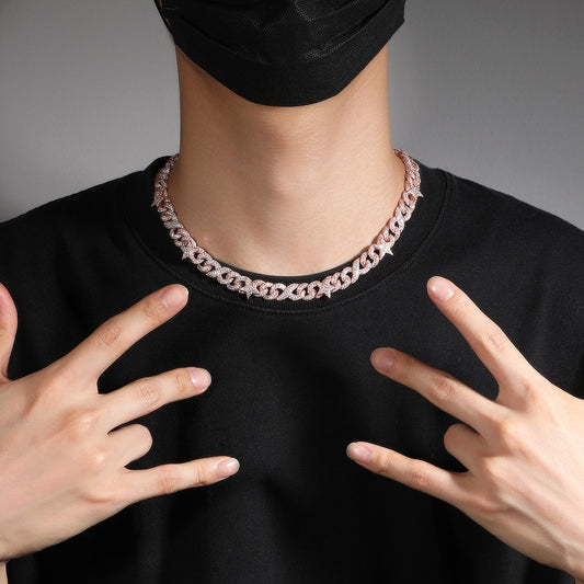 Unisex Iced Cuban Link Chain Necklace & Bracelet with Cubic Zirconia Stars and Pendant