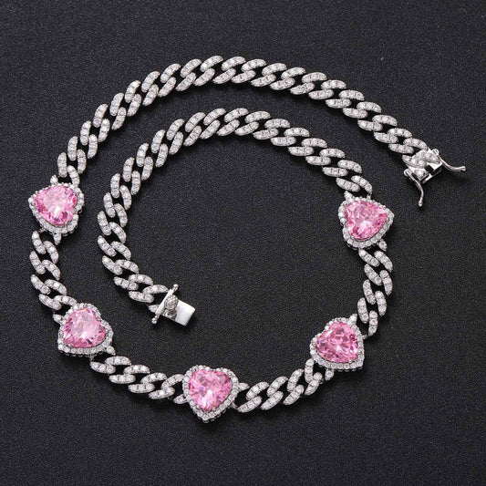 Hip Hop Heart Cuban Link Cubic Zirconia Necklace for Men