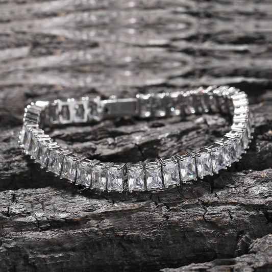 Men’s Silver-Tone Square Cubic Zirconia Tennis Bracelet – Hip Hop Statement Chain, 6 Inch / 7 Inch
