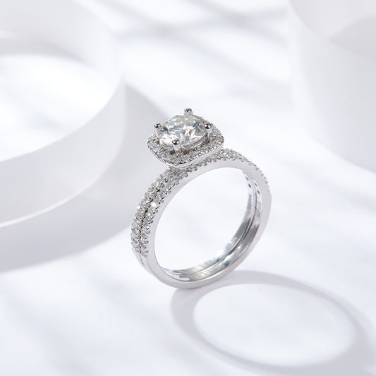 925 Silver 18K Gold Plated Moissanite Halo Ring, Double-Layer Square Cushion Ring alternate product image