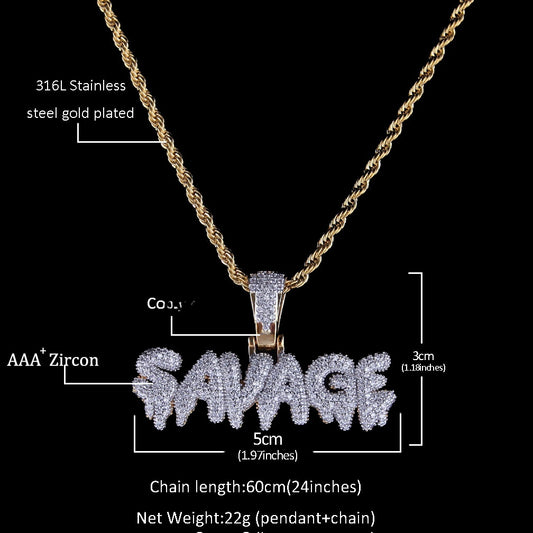 Iced Out English Letter Pendant Necklace for Women and Men, Gold Plated Copper Hip Hop Chain with Cubic Zirconia Statement Charm