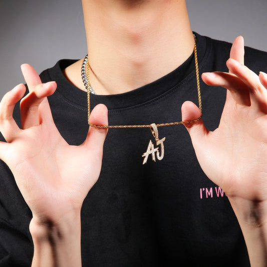 Custom 2-6 Letter Iced Initial Pendant Necklace for Men & Women - Gold or Silver Tone Zircon Letter Charm with Free 24 Inch Stainless Steel Rope Chain