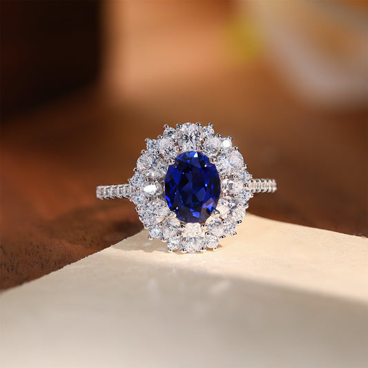 Blue Sapphire Oval Halo Jewelry Set, Necklace Earrings Ring, Silver-Tone alternate product image