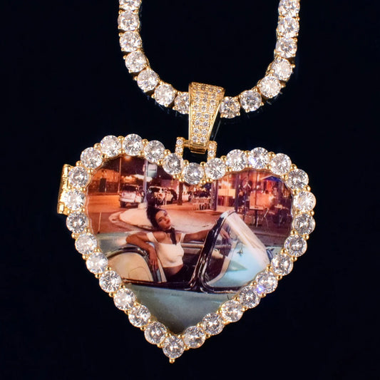 Iced Heart Photo Pendant Necklace Unisex