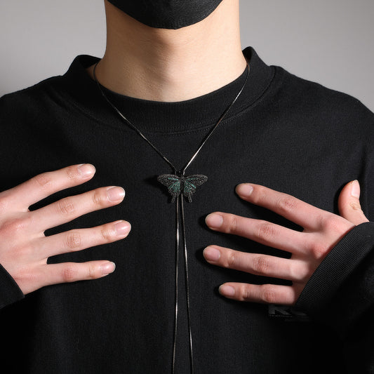 Unisex Hip Hop Butterfly Pendant Necklace with Cubic Zirconia Long Chain Statement Jewelry