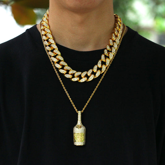 Iced Bottle Pendant Necklace for Men – Cubic Zirconia Hip Hop Chain in Gold, Silver & Two-Tone