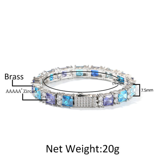 Iced Out Square Cut Crystal Chain Bracelet for Women & Men - Silver Plated Hip Hop Statement Bracelet
