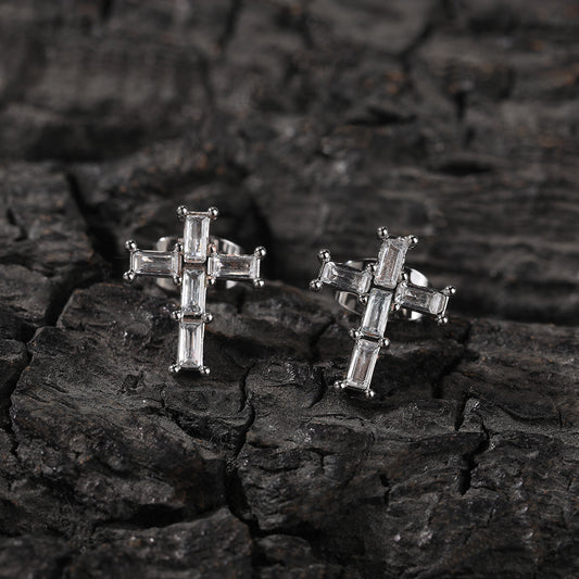 Unisex Cross Stud Earrings with Cubic Zirconia in Gold or Silver Tone