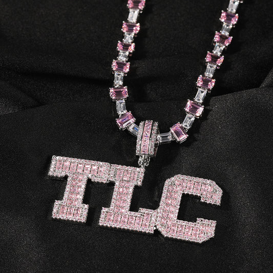 Personalized Pink Cubic Zirconia Letter Pendant Necklace for Women - Silver Plated Hip Hop Chain, Custom 1-10 Initials, 16 Inch Statement Jewelry